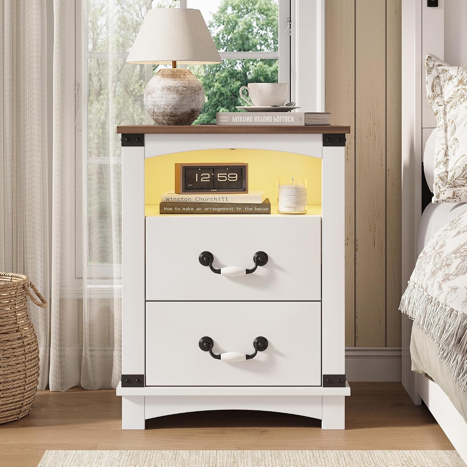 Maupvit Farmhouse Night Stand with Charger Station & Ceramic Handle, Wood Nightstand with 2 Storage Drawers, LED Bedroom Nightstand, Bedside Tables, Antique White