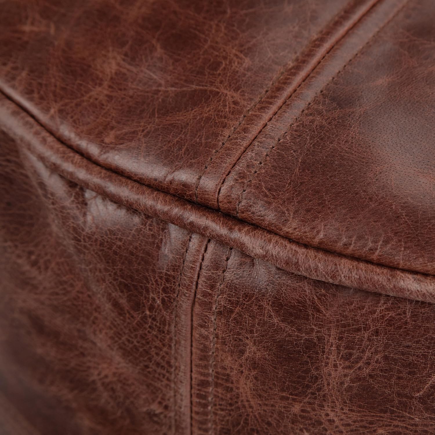 SIMPLIHOME Connor 18" Wide Round Pouf in Distressed Brown Genuine Leather | Boho footstool, extra seating for living room or bedroom with polystyrene filling, assembled; pouf ottoman or floor cushion.