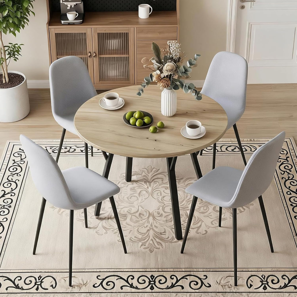 Round Dining Table Set for 4, Rustic 36" Circle Kitchen Table and 4 Gray Linen-Cotton Dining Chairs, Solid Metal Frame, Space Saving Wood Small Kitchen & Dining Room Furniture