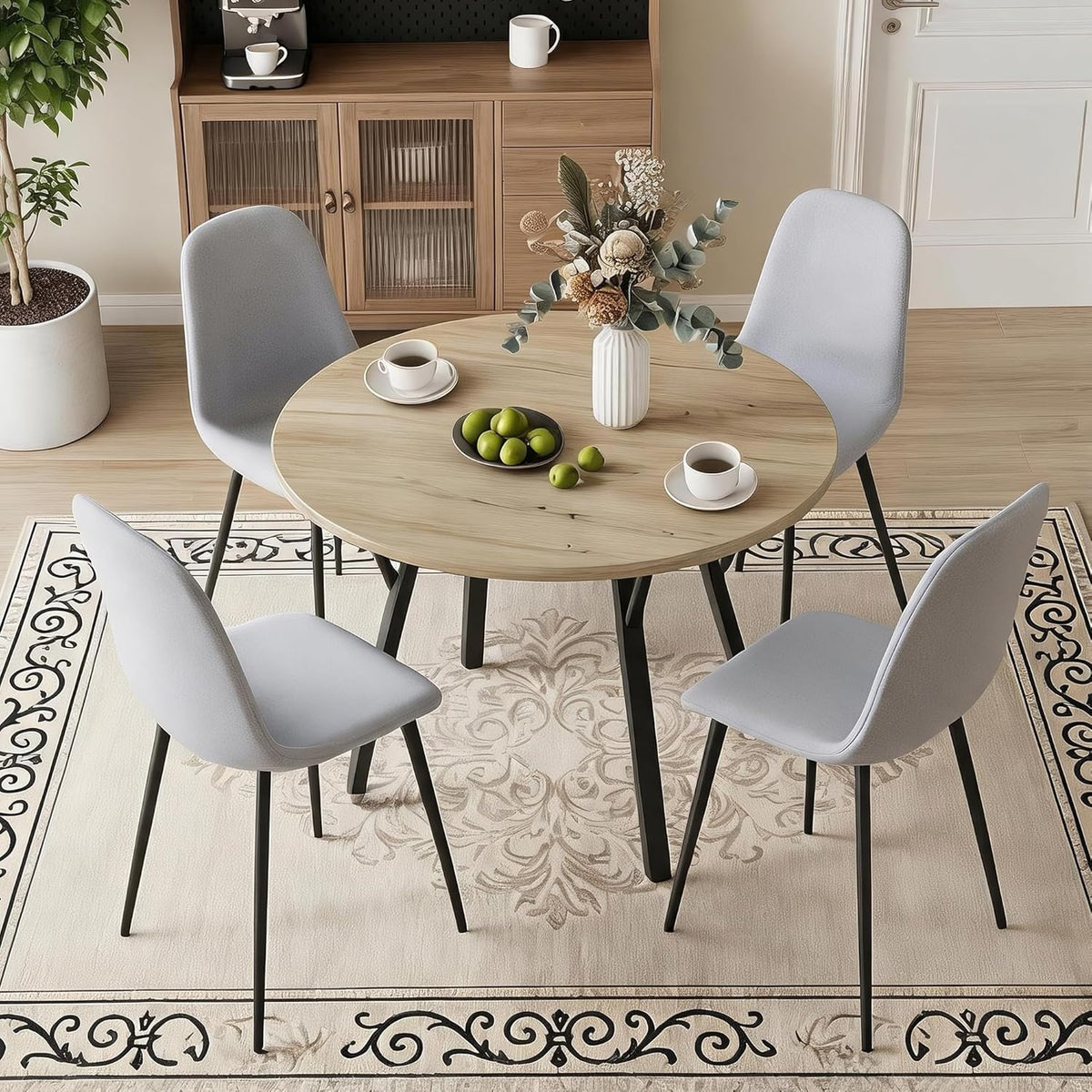 Round Dining Table Set for 4, Rustic 36" Circle Kitchen Table and 4 Gray Linen-Cotton Dining Chairs, Solid Metal Frame, Space Saving Wood Small Kitchen & Dining Room Furniture