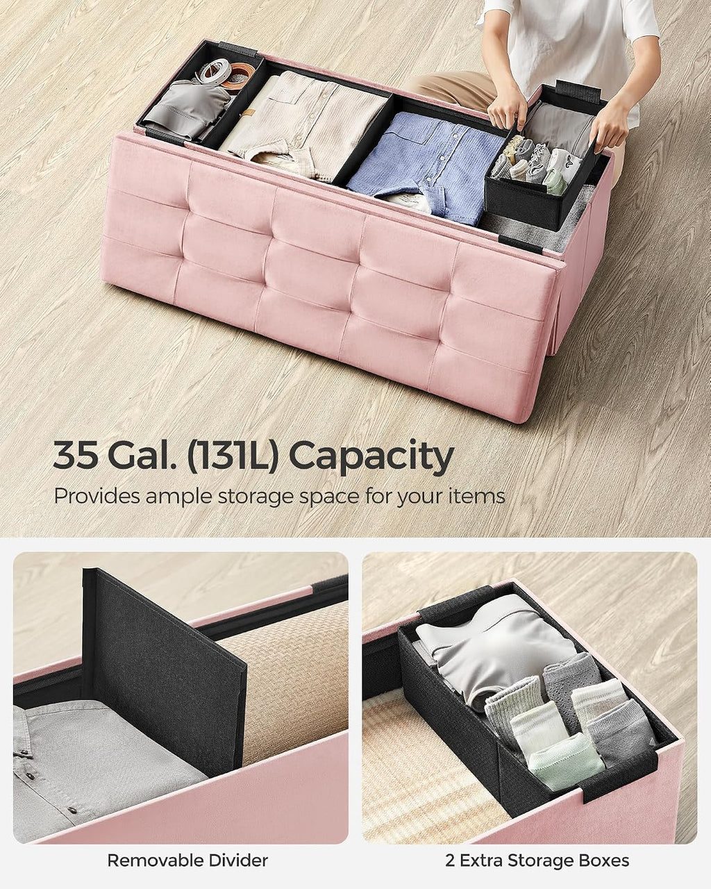 SONGMICS Storage Ottoman Bench, 43.3 Inches Velvet Foldable Foot Rest | Foot Rest, End of Bed Bench, Load up to 660 lb, Jelly Pink, MINOTA Collection ULSF277R01
