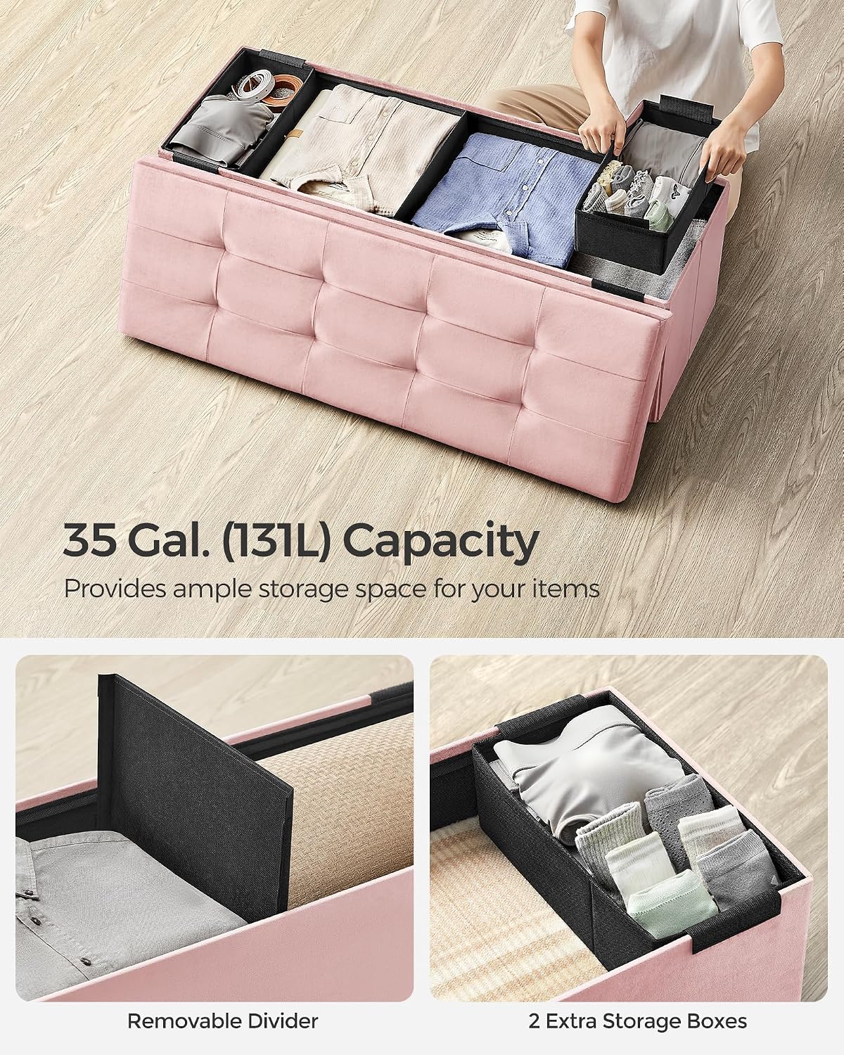 SONGMICS Storage Ottoman Bench, 43.3 Inches Velvet Foldable Foot Rest | Foot Rest, End of Bed Bench, Load up to 660 lb, Jelly Pink, MINOTA Collection ULSF277R01