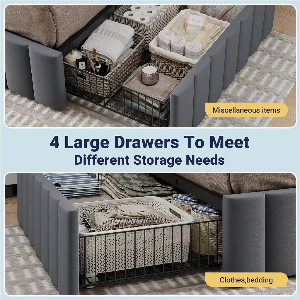 Allewie King Size Platform Bed Frame with 4 Large Storage Drawers, Velvet Vertical Channel Tufted Upholstered Bed Base, Wooden Slats Support, Noise-Free, No Box Spring Needed, Easy Assembly, Grey