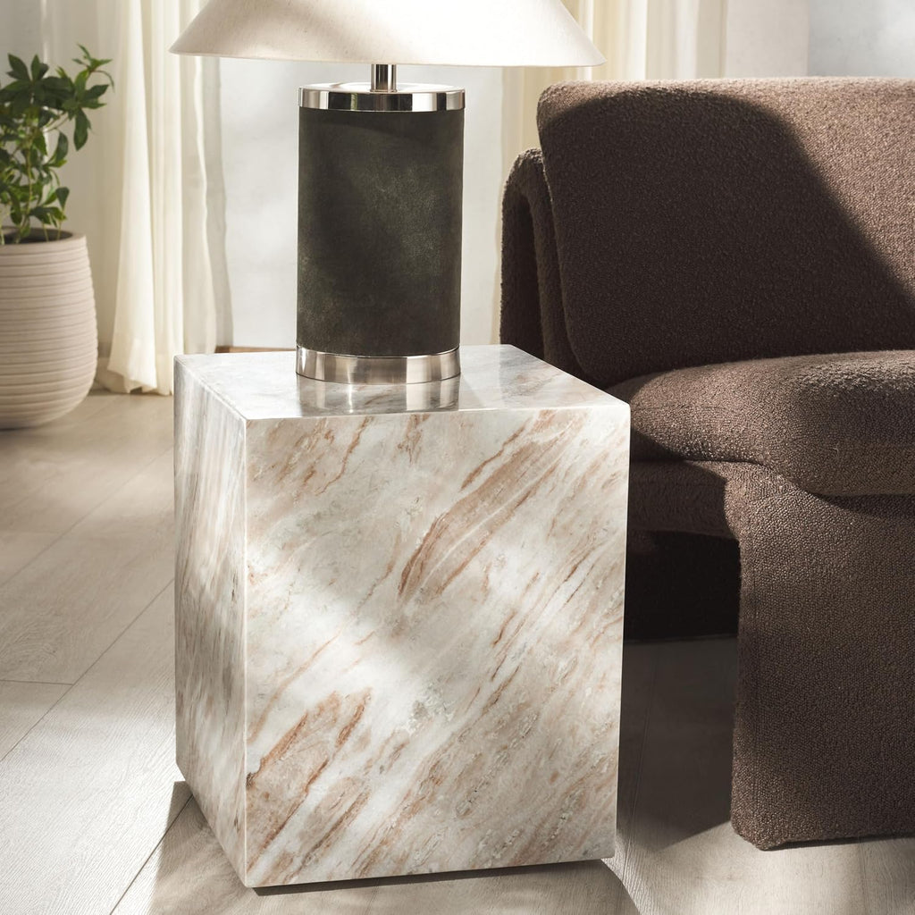 SAFAVIEH Couture Collection Katharina Brown/White Marble Plinth Accent Table (Fully Assembled)