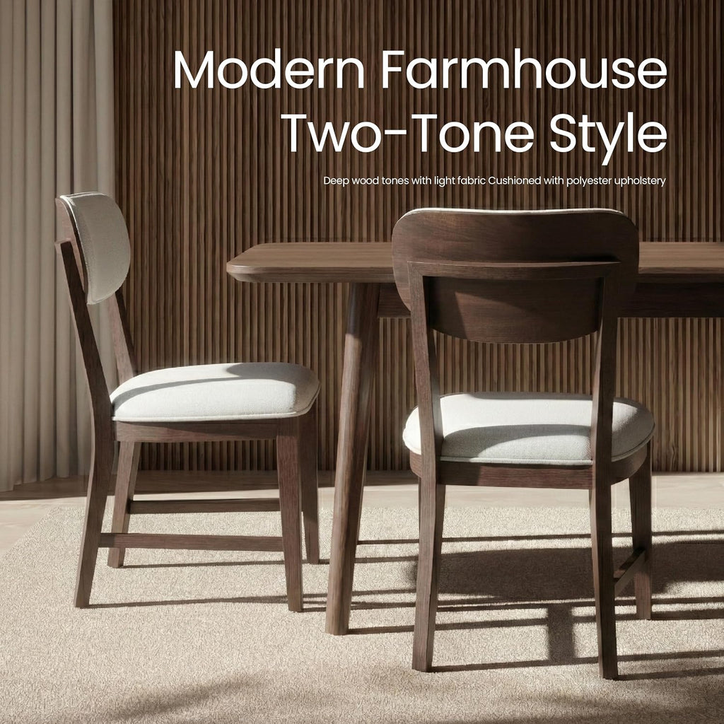 COLAMY Solid Wood Dining Chairs Set of 6, Mid Century Modern Upholstered Kitchen Chairs with 3.3" Thick Cushion, Farmhouse Dining Room Chairs with Level Legs & Wire-Brushed Finish, Brown