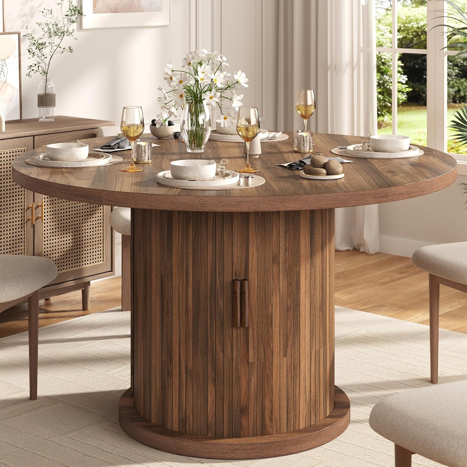 knoworld 47" Round Dining Table for 4-6, Modern Fluted Pedestal Kitchen Table with Hidden Storage, Walnut Wood Circle Dinner Table for Dining Room & Small Spaces, Walnut