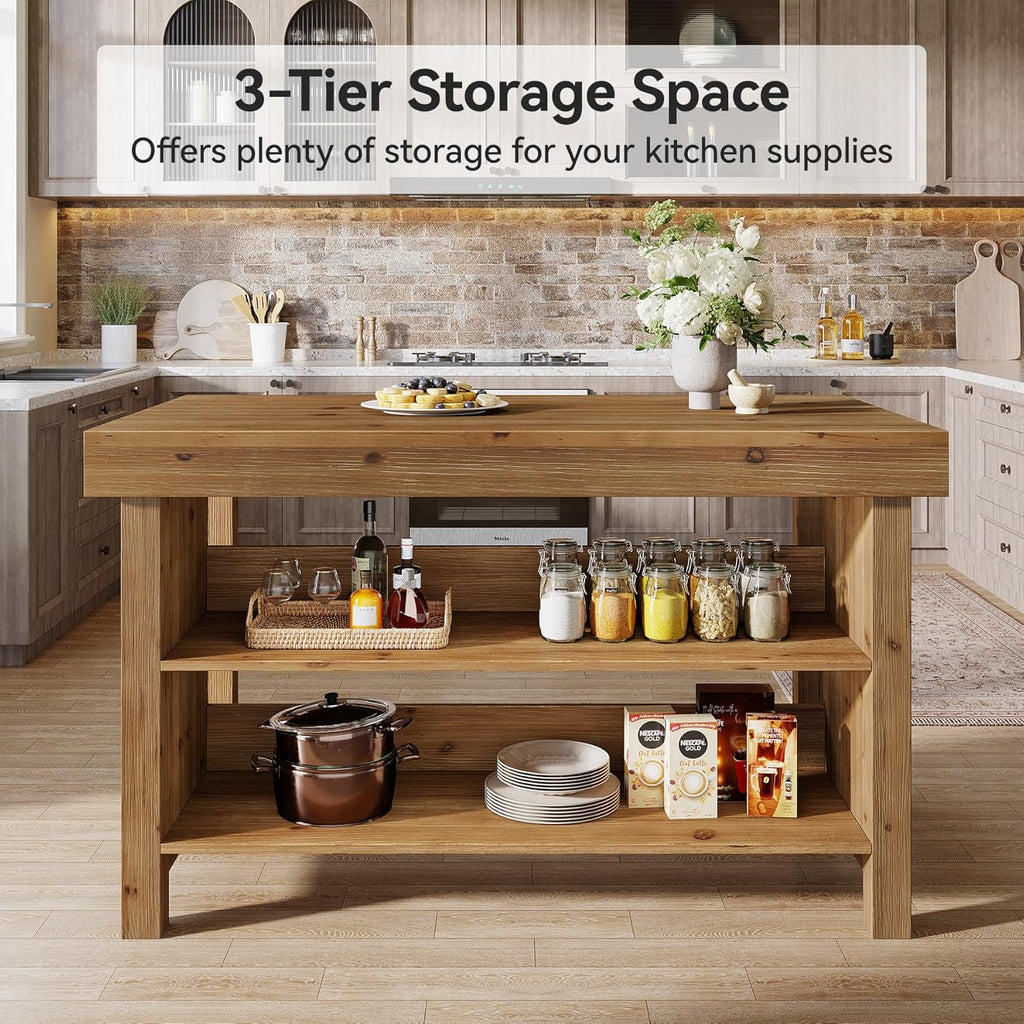 55" Solid Wood Kitchen Island with Storage, Farmhouse Kitchen Island Table with 3-Tier Open Shelves and Large Countertop for Kitchen, Dining & Living Room, Oak