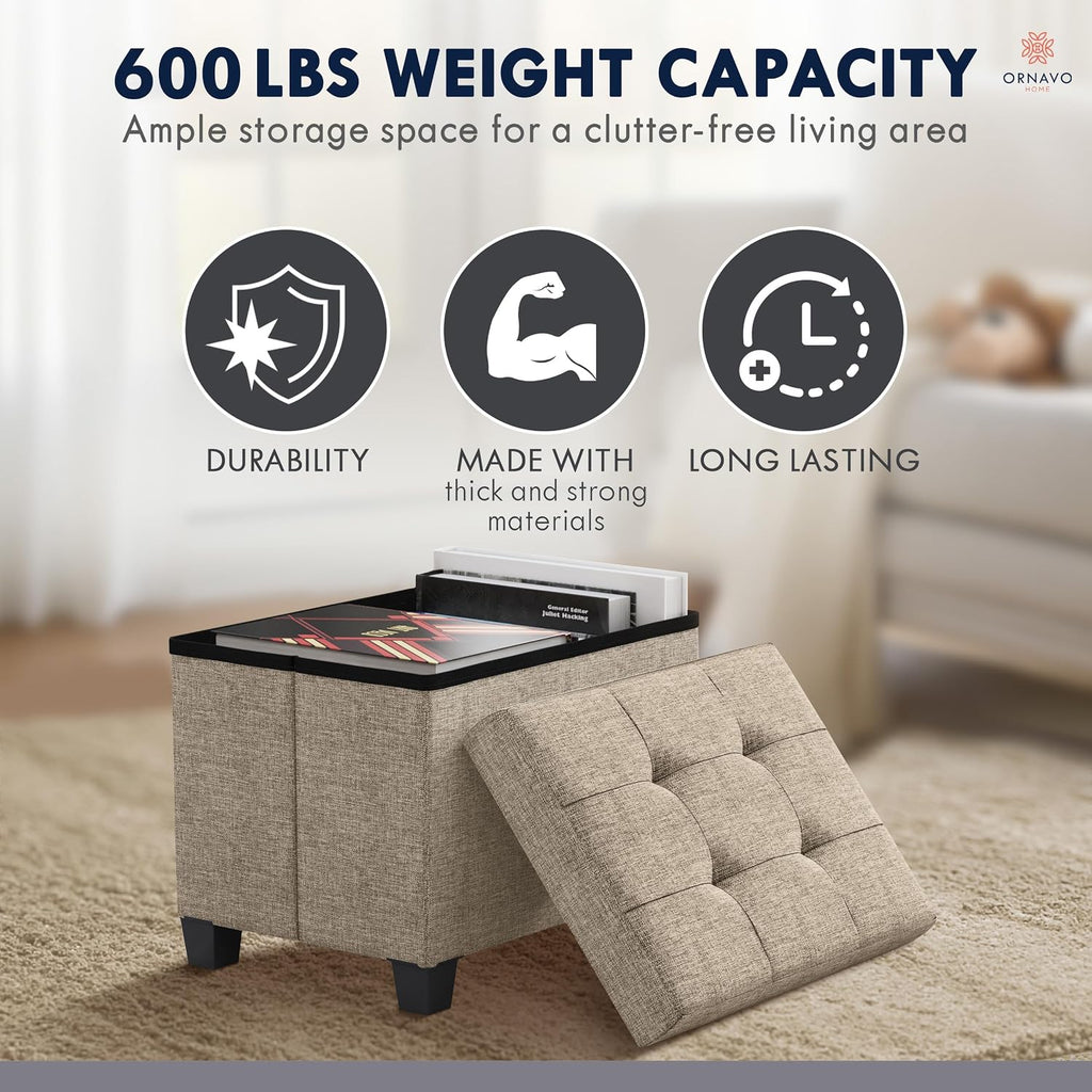 Ornavo Home Small Rectangle Storage Ottoman with Legs, 12x16x12, Tan/Taupe | Foot Rest Stool Seat; Holds Up to 600 lbs; Ideal for Living Room, Bedroom, Home Office or Dorm