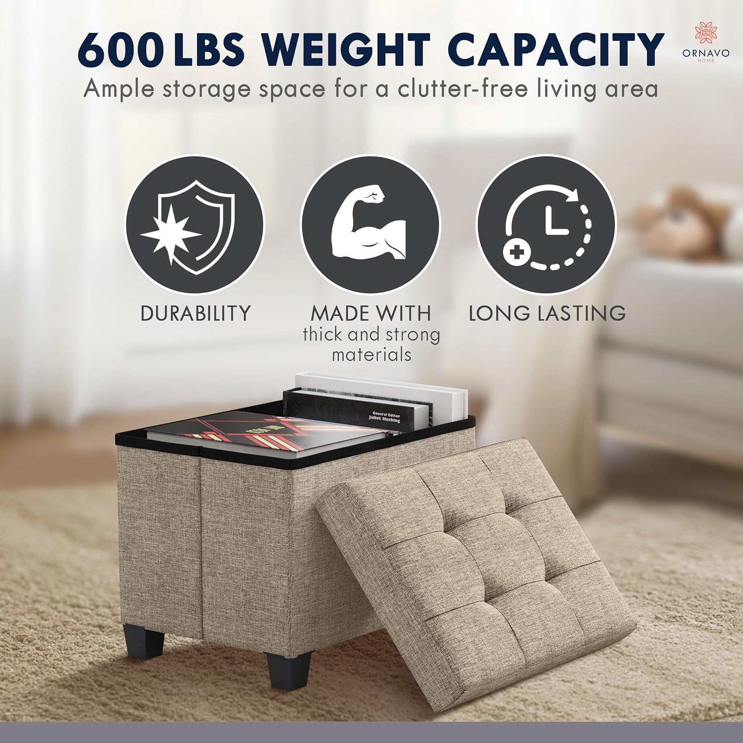 Ornavo Home Small Rectangle Storage Ottoman with Legs, 12x16x12, Tan/Taupe | Foot Rest Stool Seat; Holds Up to 600 lbs; Ideal for Living Room, Bedroom, Home Office or Dorm