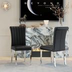 ACEDÉCOR Modern Dining Chairs Set of 6, Black Leather Dining Room Chairs with Silver Stainless Steel Legs, Upholstered Chairs with High Back and Metal Chrome Legs for Kitchen/Living Room/Restaurant