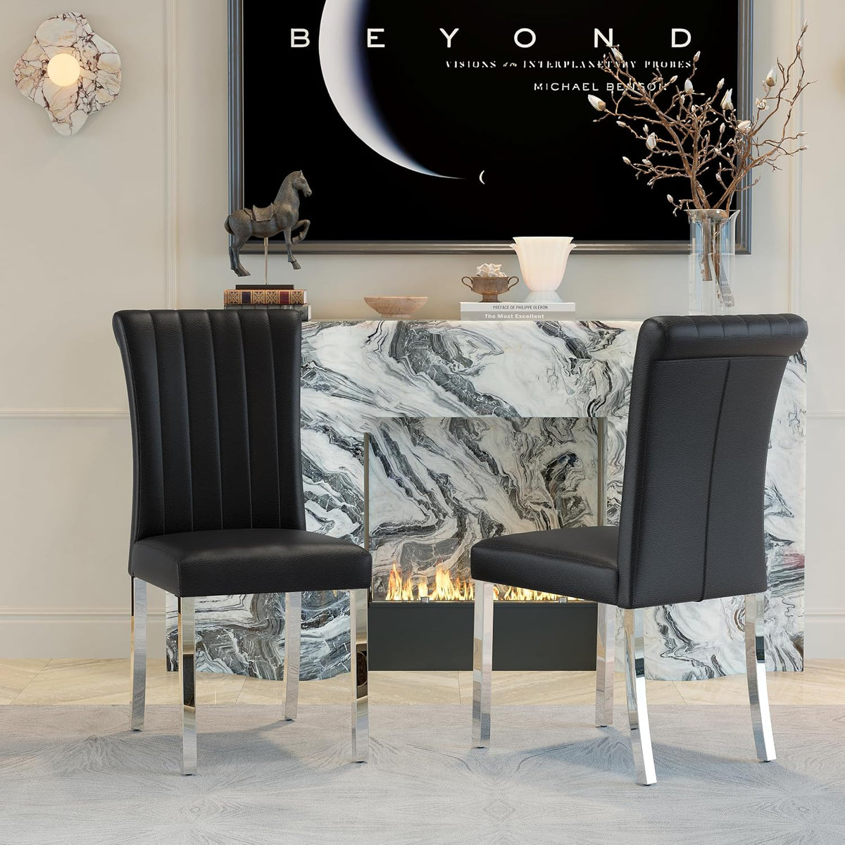 ACEDÉCOR Modern Dining Chairs Set of 6, Black Leather Dining Room Chairs with Silver Stainless Steel Legs, Upholstered Chairs with High Back and Metal Chrome Legs for Kitchen/Living Room/Restaurant
