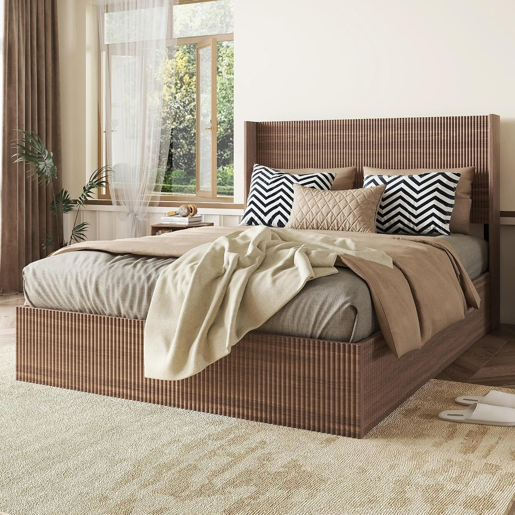 Lift Up Storage Bed Queen Size, Queen Bed Frame with Headboard and Lift Storage System, Wood Headboard with Wing-Back and Convex Groove Board Design