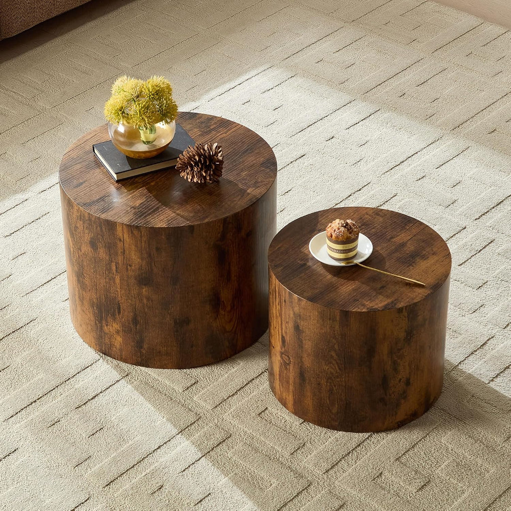 Nesting Coffee Table Set of 2, Modern Round Small Side Table Circle Accent End Table Drum Wood Center Table for Living Room Apartment Bedroom Office, No Assembly, Dark Walnut