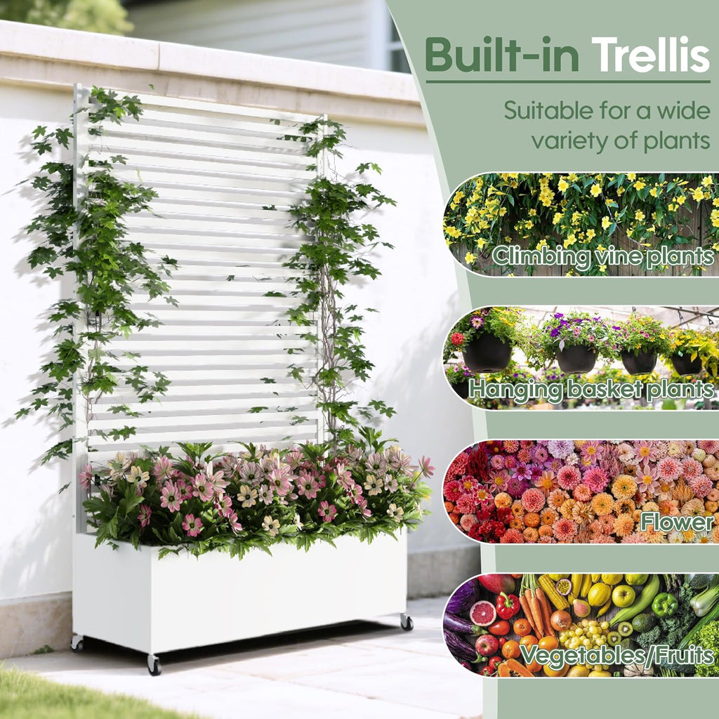 Metal Planter Box with Trellis Privacy Screen, Raised Garden Bed with Trellis & Wheels, Privacy Planters for Patio, Planter Box with Drainage Holes for Climbing Plants, Flower, 73"x 47"x 16", White