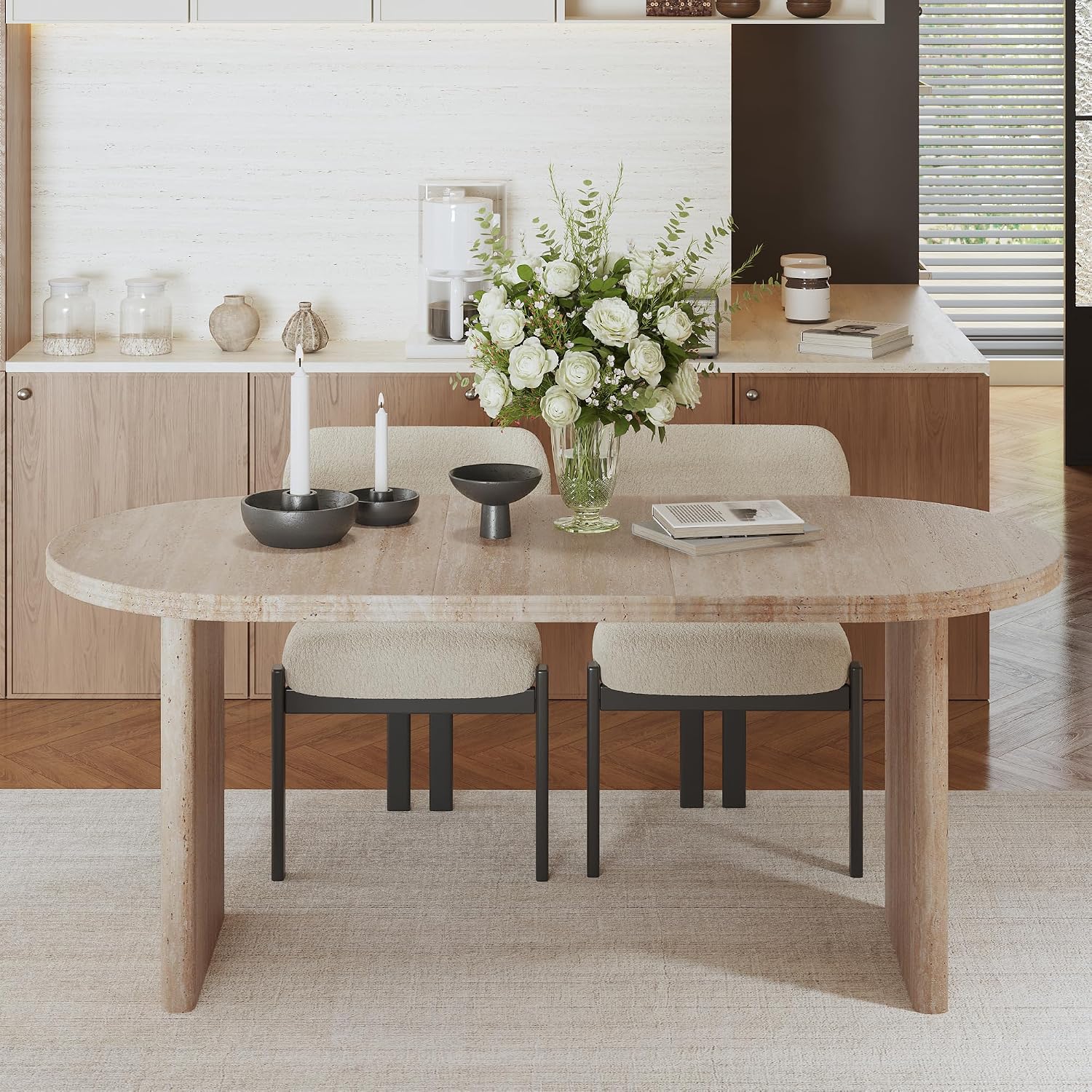 71" Accent White Extendable Dining Table, Mid-Century Modern Wood Oval Space Saving Extending Kitchen Tables for 2-6 People