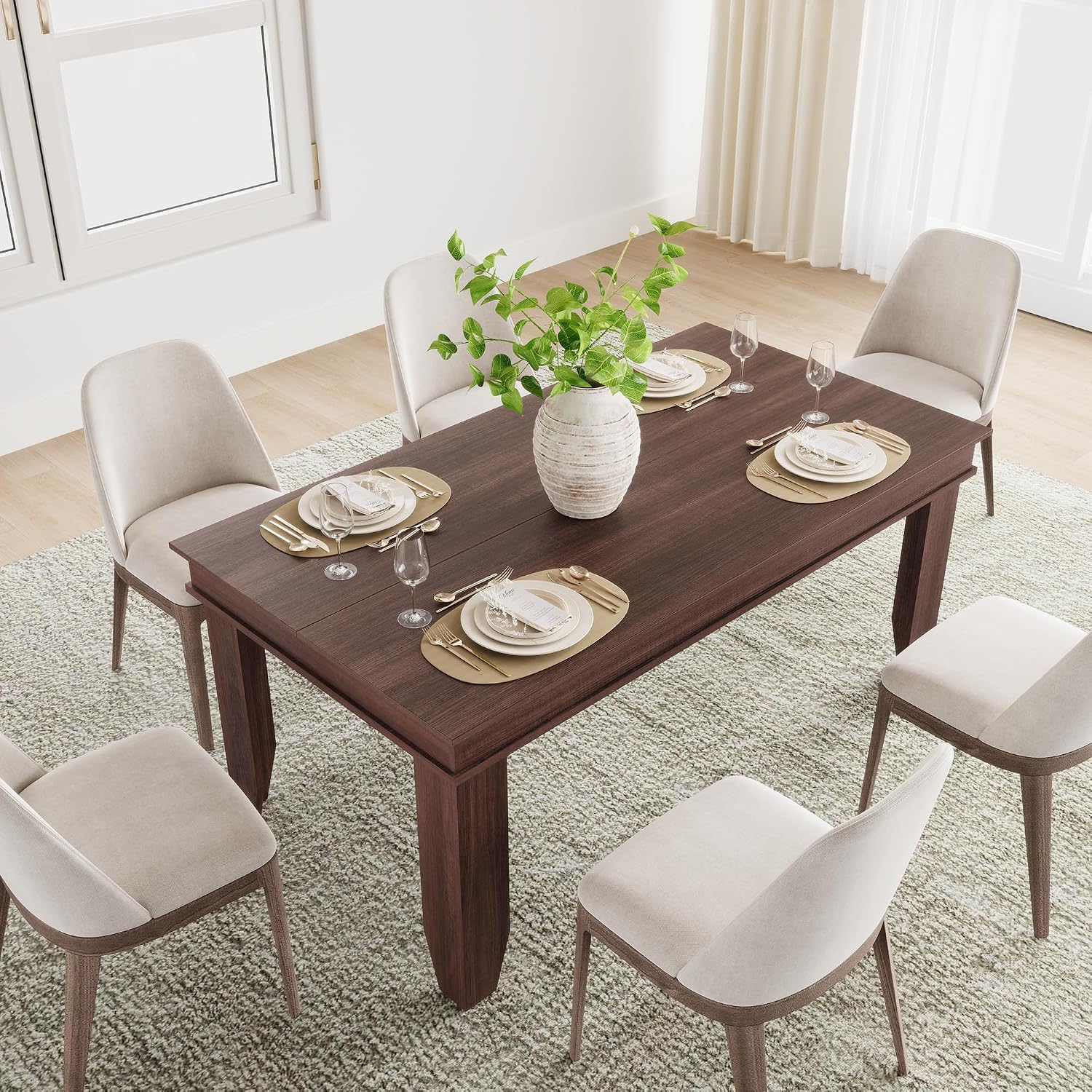 GarveeHome Farmhouse Dining Table for 4-6 People, 63 in Long Kitchen Tables with Wooden Sturdy Frame, 5 ft Large Rectangular Dinner Table for Dining Room, Kitchen, Black, Brown Non-extendable