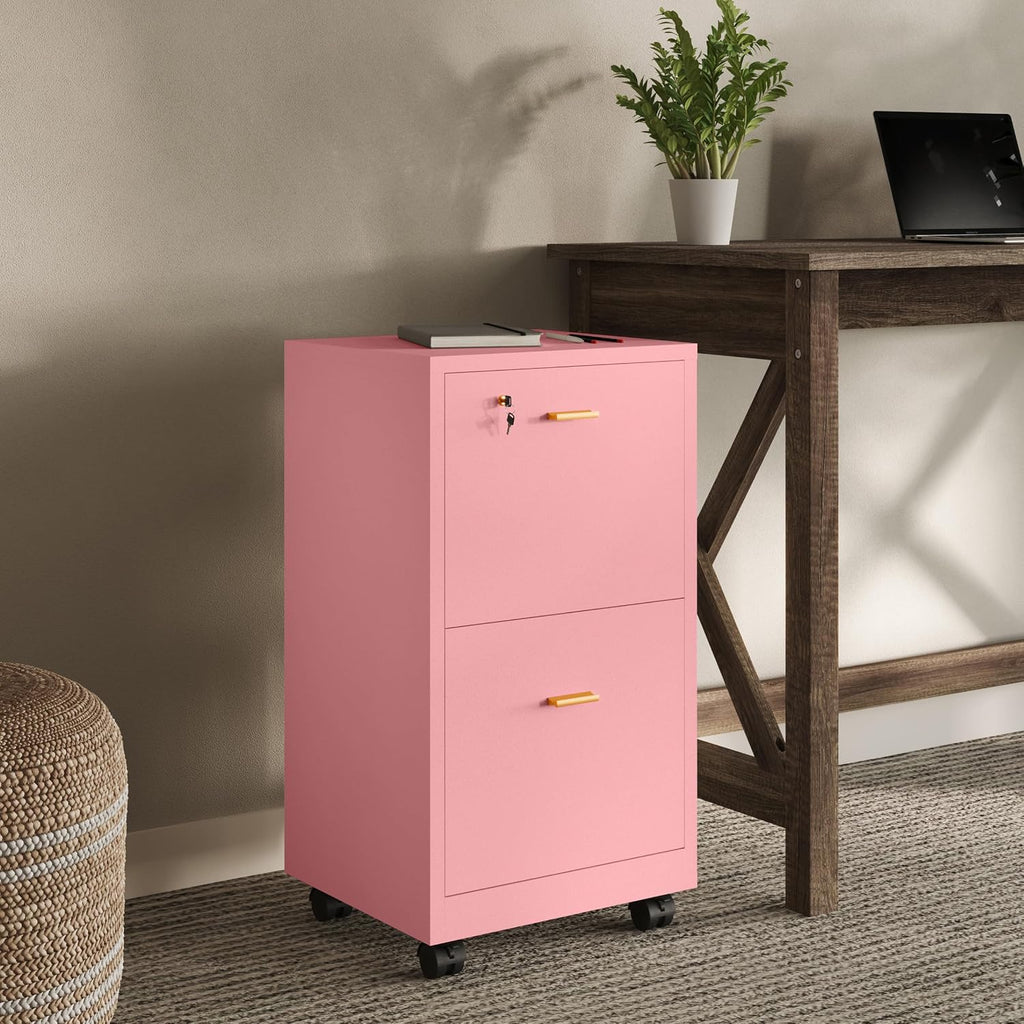 Lavish Home 2-Drawer Wooden File Cabinet with Lock, Pink, 16” x 27” | Rolling Filing Organizer with Deep Drawer Storage for Under the Desk, Home, or Office