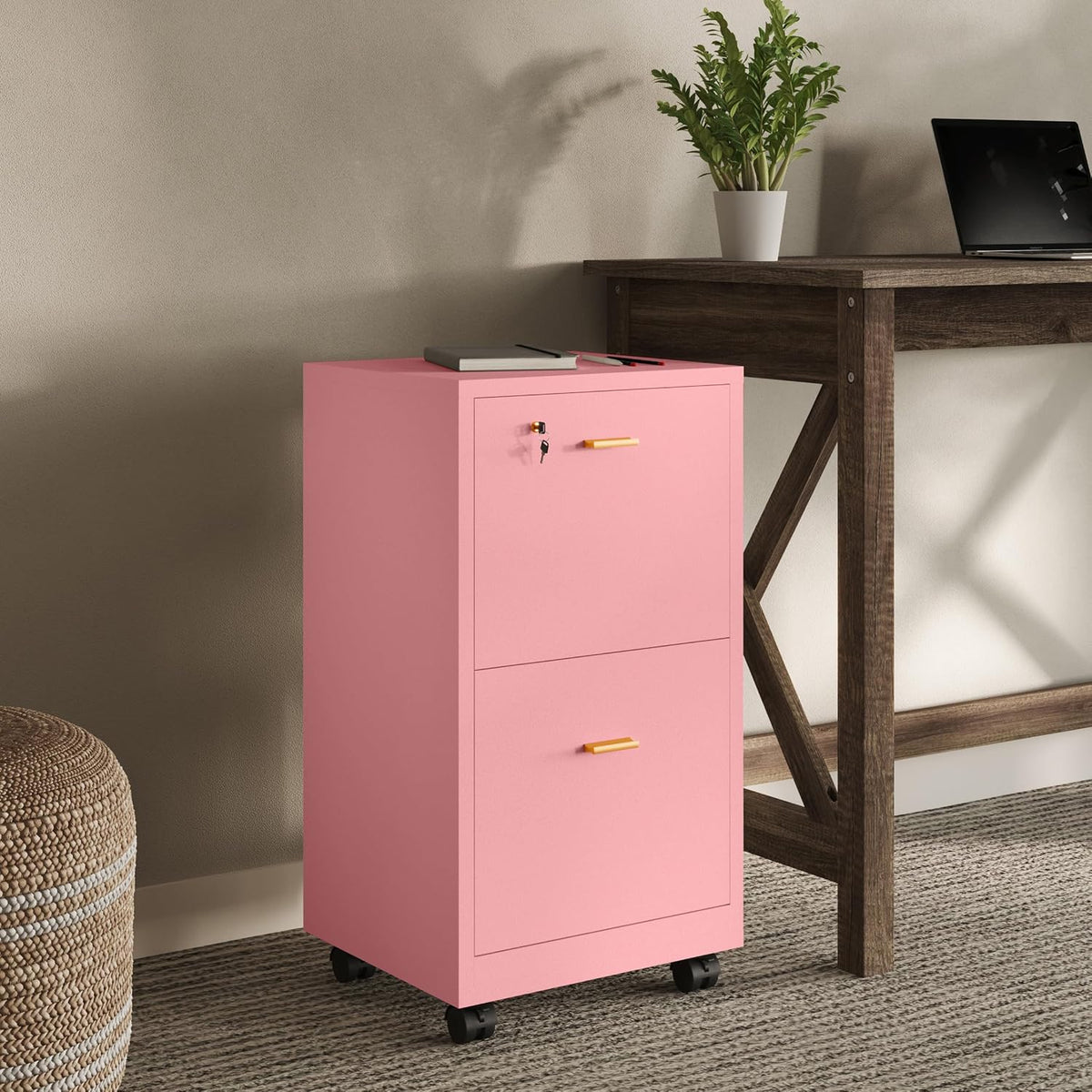 Lavish Home 2-Drawer Wooden File Cabinet with Lock, Pink, 16” x 27” | Rolling Filing Organizer with Deep Drawer Storage for Under the Desk, Home, or Office