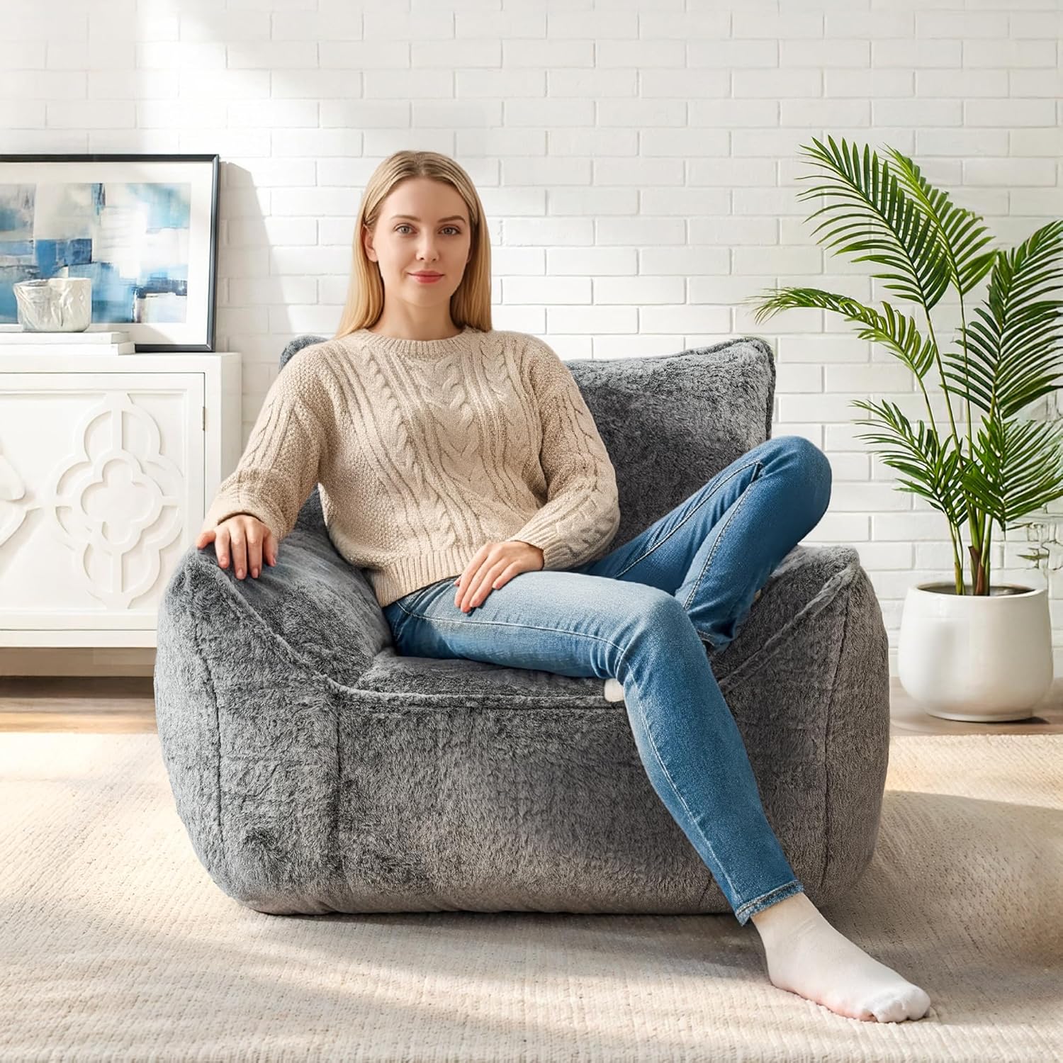 Cvortll Bean Bag Chair, Bean Bag Sofa, Faux Fur Bean Bag Chairs,with armrests and a Sturdy backrest, Suitable for Apartments, Living Rooms, bedrooms, Games, Reading (Gray)