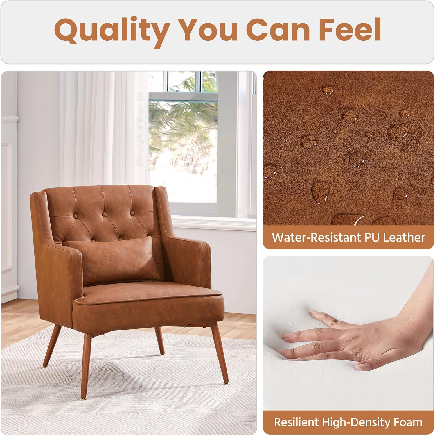 Yaheetech Accent Chair, Mid-Century Modern Armchair, Retro Brown | Faux Leather Chair with Lumbar Pillow, Comfy Upholstered Reading Chair for Living Room, Bedroom and Small Spaces