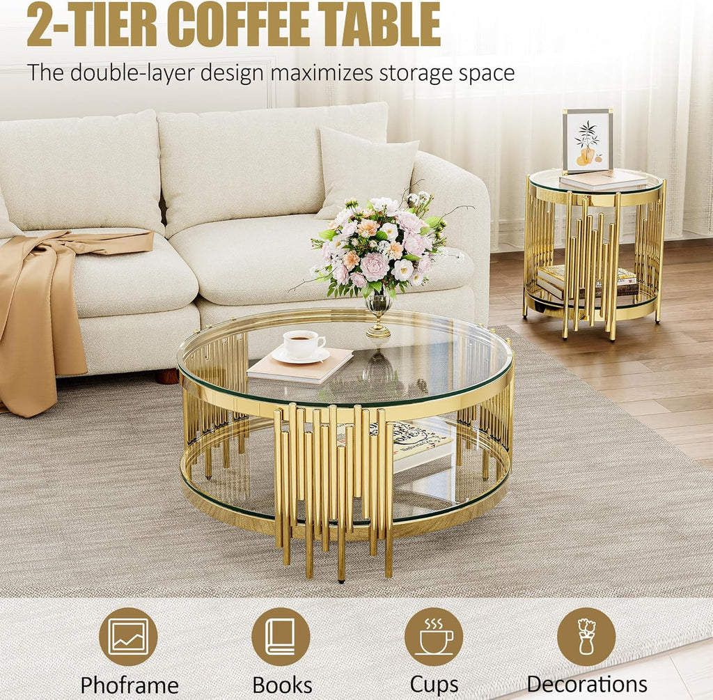 Round Glass End Table, 19" Modern 2-Tier Side Table with Clear Tempered Glass Top and Gold Stainless Steel Base for Living Room or Bedroom