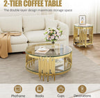 Round Glass End Table, 19" Modern 2-Tier Side Table with Clear Tempered Glass Top and Gold Stainless Steel Base for Living Room or Bedroom
