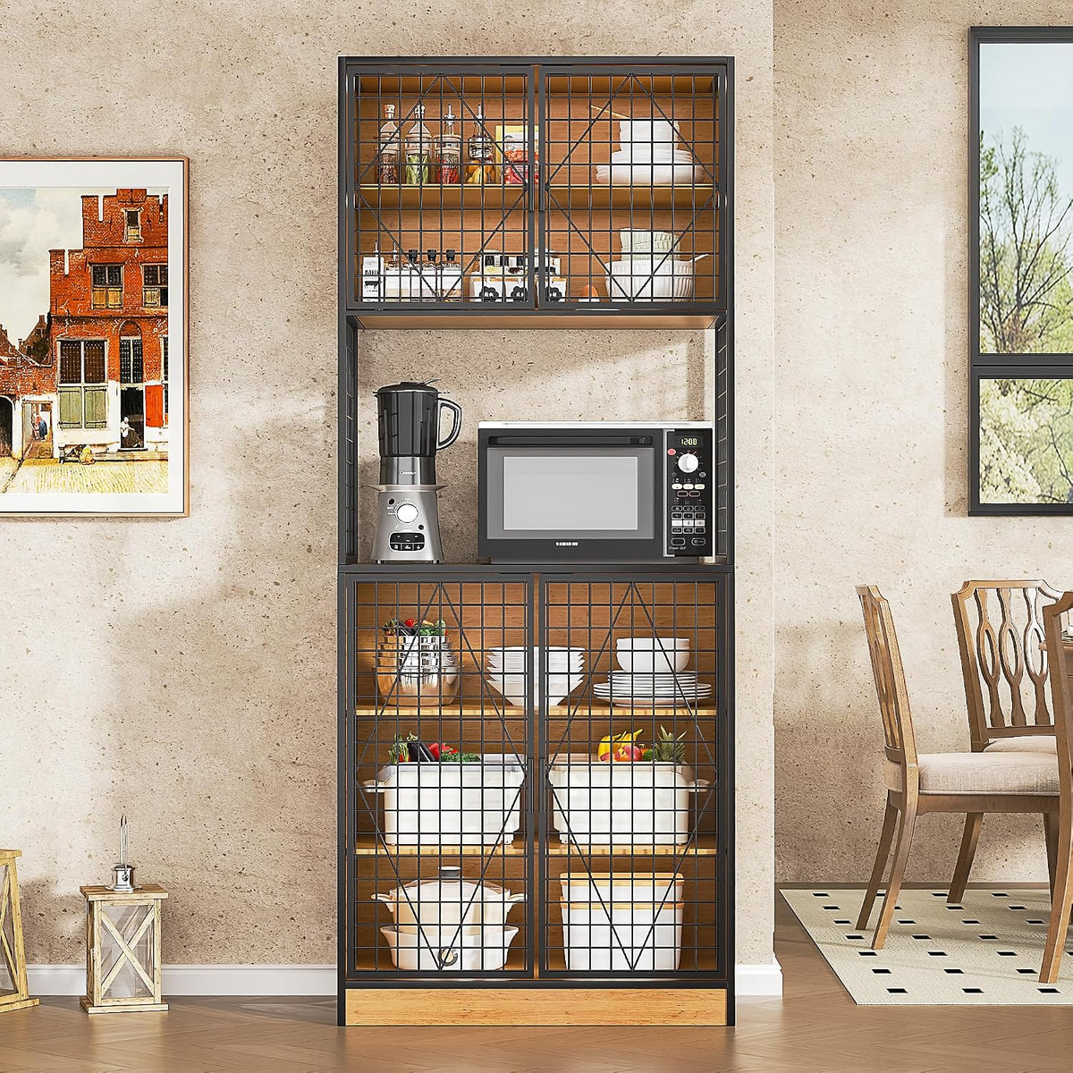 VECELO 72in Tall Kitchen Pantry Cabinet Set of 2 with Doors and Shelves, Large Freestanding Storage Cupboard with Countertop Hutch, Oak