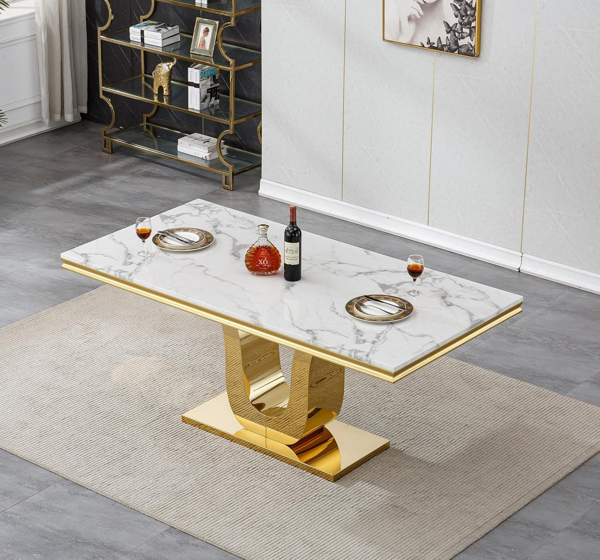 SSLine Modern White Marble Dining Table Set for 4,Luxury 68" Faux Marble Kitchen Table with Velvet Tufted Chairs for 4,5-Piece Dining Room Table Set with Gold Stainless Steel U-Shape Base