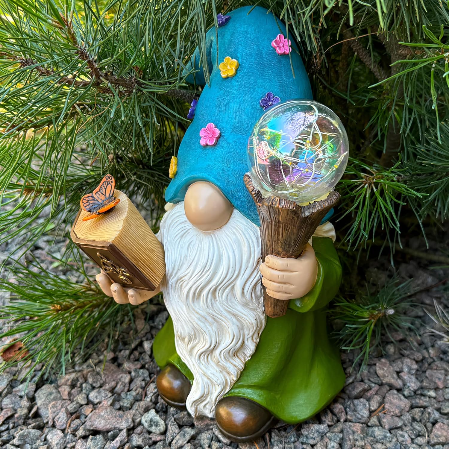 Garden Gnome - Solar Magician Gnome Figurine - 9.45 Inch Tall Decor Outdoor Lawn Statue with LED Lights