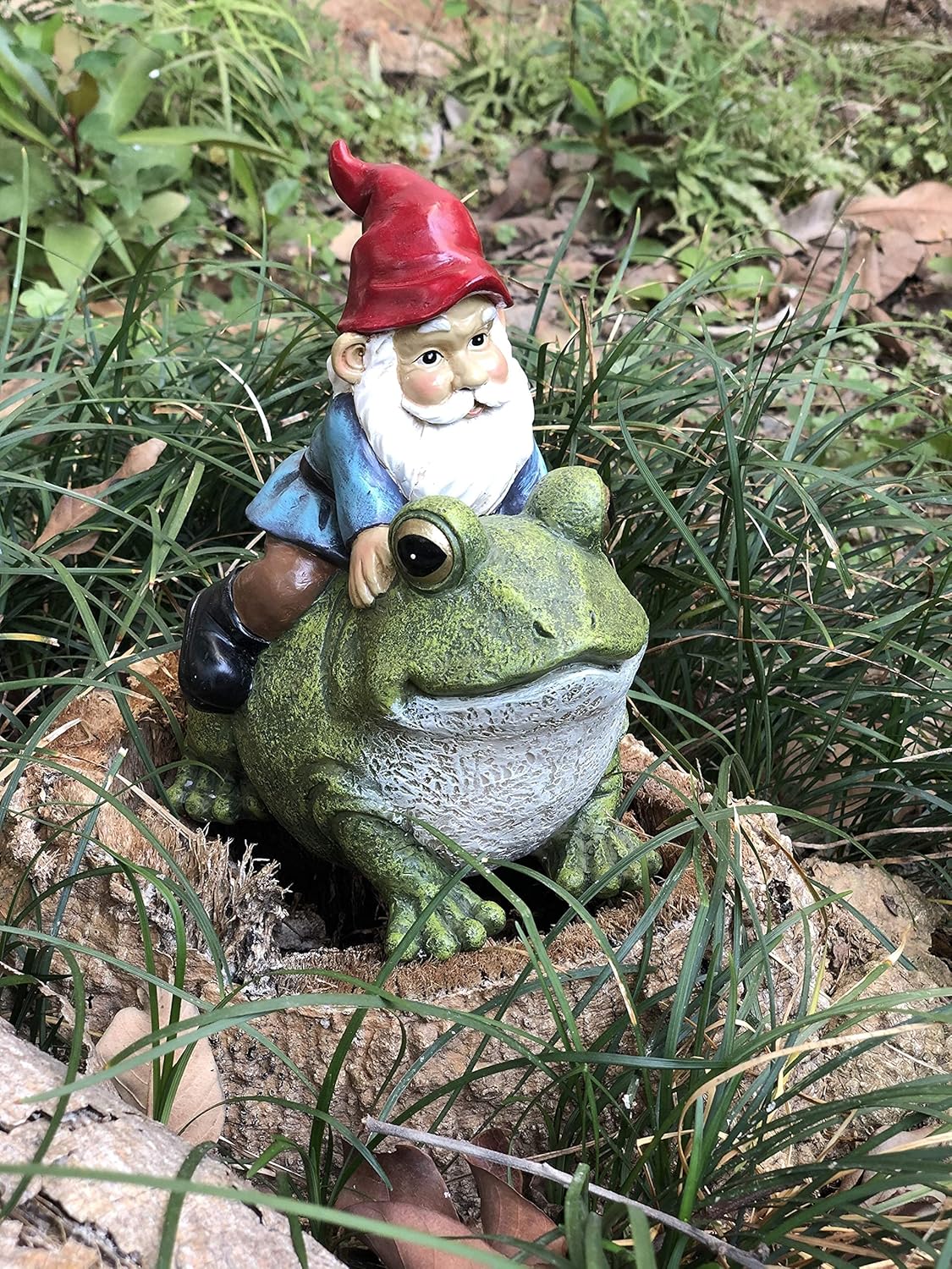 Garden Gnome Riding on Frog, Outdoor Garden Gnomes, Lawn Gnome Statue Sculpture
