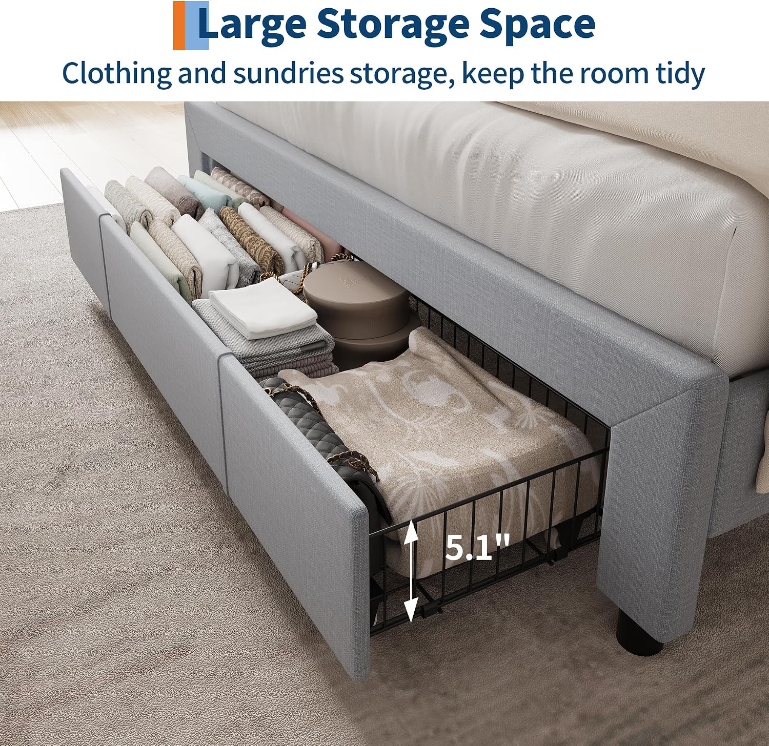 GarveeHome Bed Frame Full with Storage Headboard, Charging Station, Grey