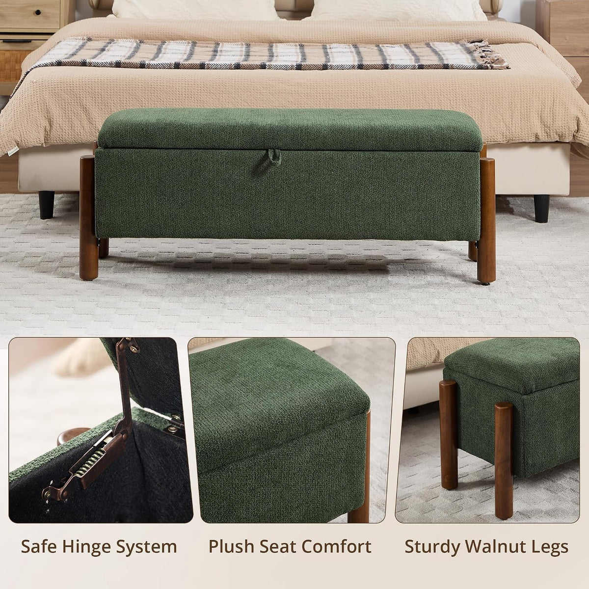 47'' Modern Storage Ottoman Benches with Walnut Wood Legs Ottoman Bench with 22 Gallons Storage Space Fabric Upholstered Seating End of Bed Bench for Bedroom for Livingroom Green