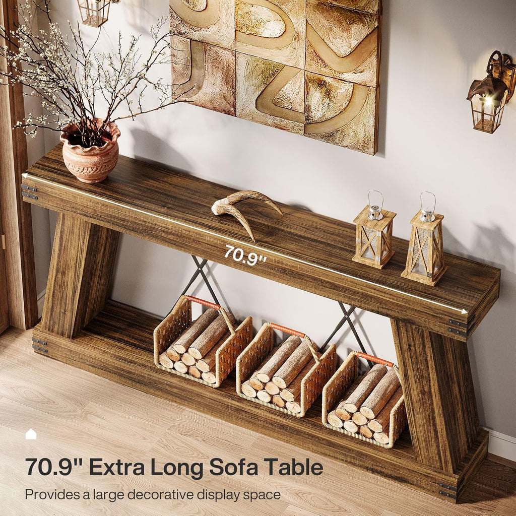Tribesigns 70.9" Farmhouse Console Table, Long Sofa Table Behind Couch with Storage, Narrow Wooden Console Station, Industrial Rustic Entryway Furniture for Hallway, Entry, Living Room (1, Dark Brown)