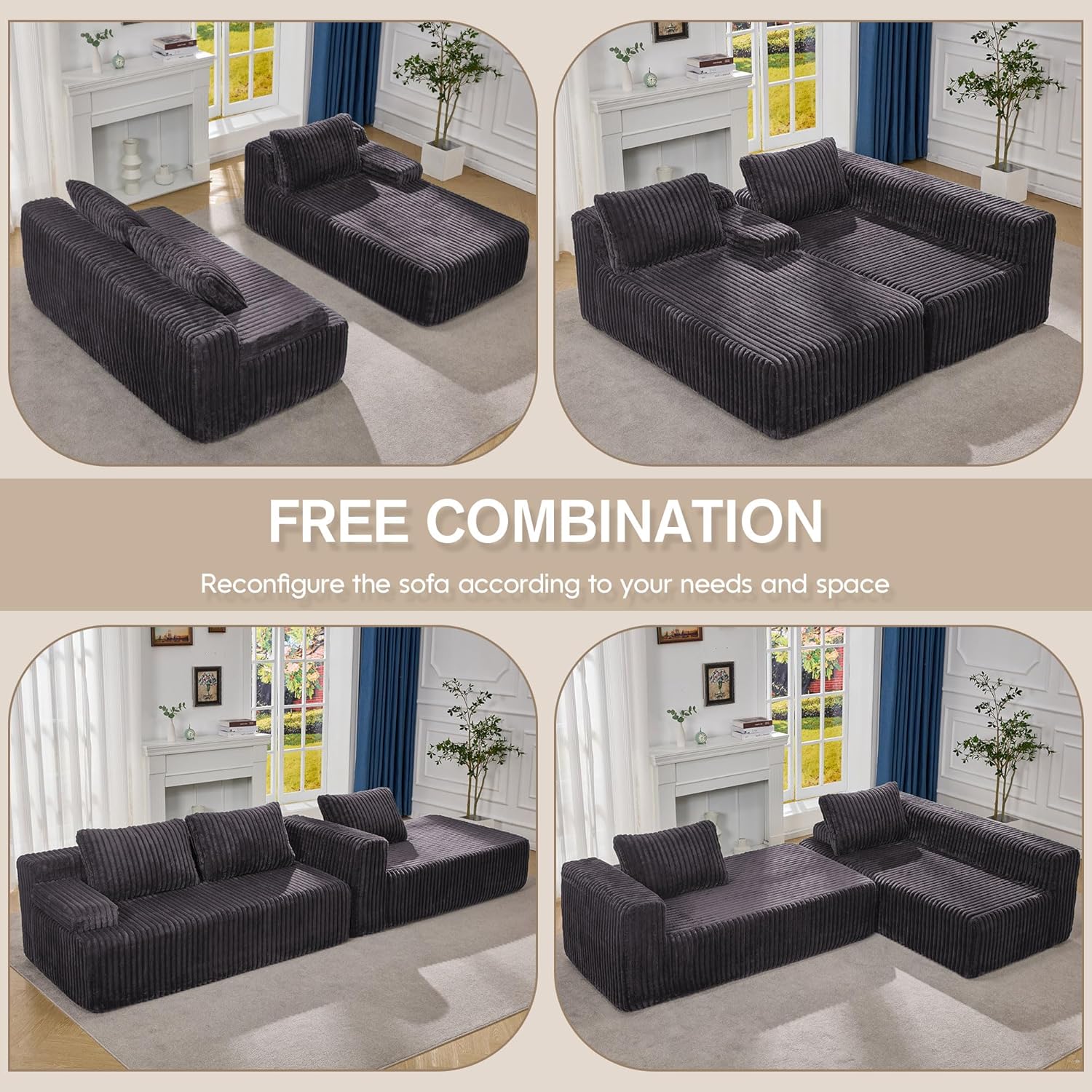 Hobestluk Couches Modular Sectional Sofa L-Shape Oversized Chaise | Memory Foam,Washable Cover,No Assembly,Non-slip,3 Seater Sectional Couch for Living Room | 108" Right Facing Chaise Darkgrey