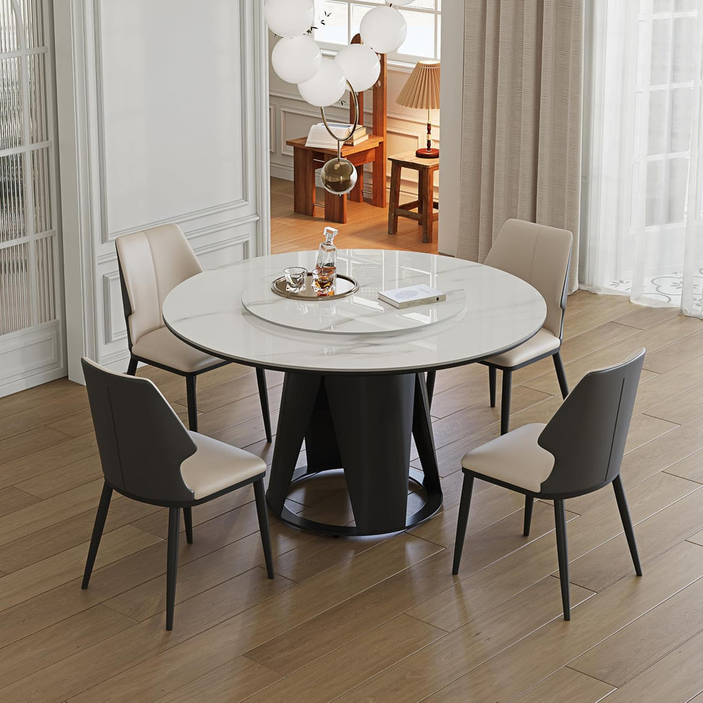 Montary 59" Modern Round Dining Table, Turntable Faux Marble Kitchen Table with Lazy Susan, Sintered Stone Tabletop Dining Room Table for 6-8 Person, with Black Metal Pedestal