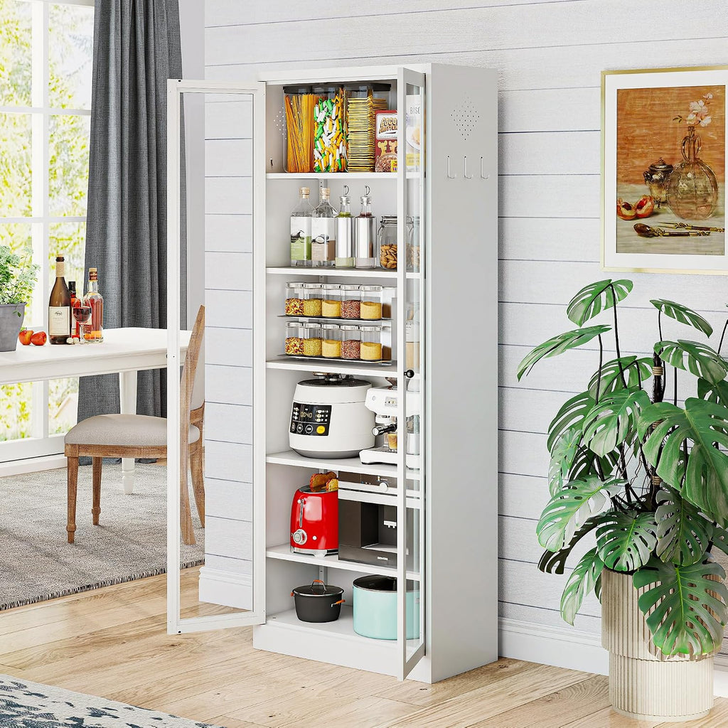 Kitchen Pantry Cabinet, 72" H Storage Cabinet with Glass Doors and Adjustable Shelves, Spacious Cupboard with Round Handles, Metal Kitchen Cabinet for Dining Room, Living Room, White
