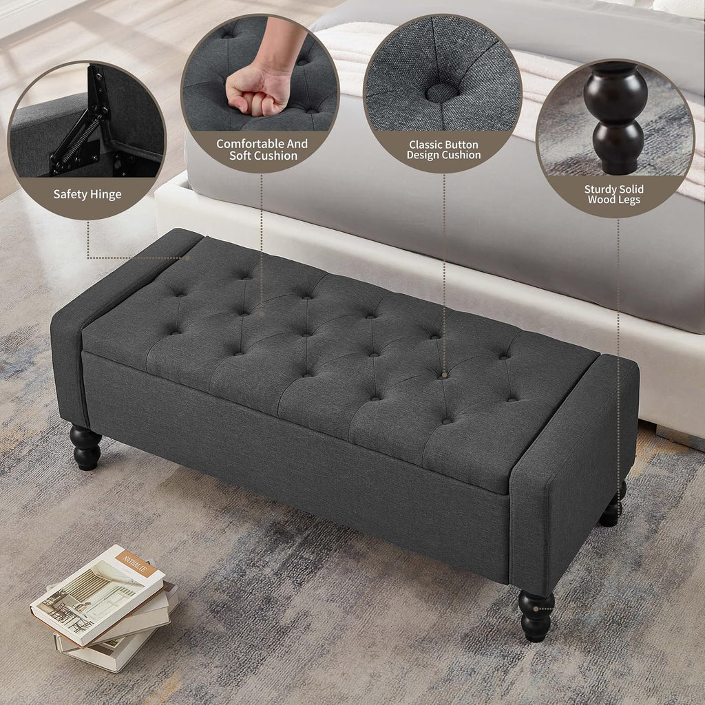50" W Storage Ottoman Bench with Safety Hinge, Load up to 660 lb Ottoman with Storage, Upholstered Tufted Entryway Bench with Seating for Living Room, Bedroom, Entryway, Dark Gray