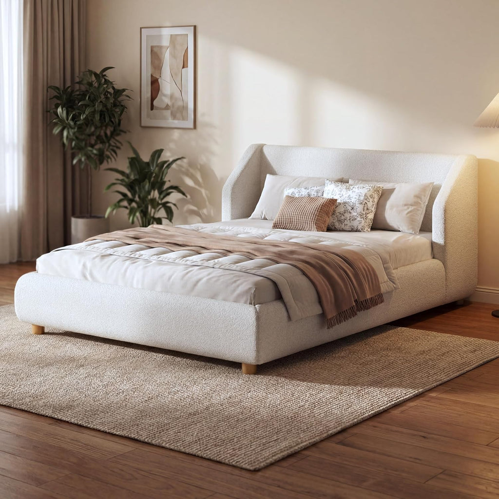 Christopher Knight Home Astry Boucle Upholstered Queen Size Bed Frame with Wingback Headboard, Modern Queen Bed Frame and Headboard, Wooden Slats Support, Easy Assembly, No Box Spring Needed, White
