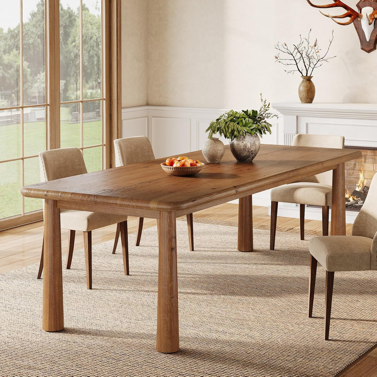 63-Inch Solid Wood Dining Table, Farmhouse Kitchen Table for 4 to 6, Rectangular Wood Dining Room Table for Home, Kitchen, Living Room (Rustic Brown)