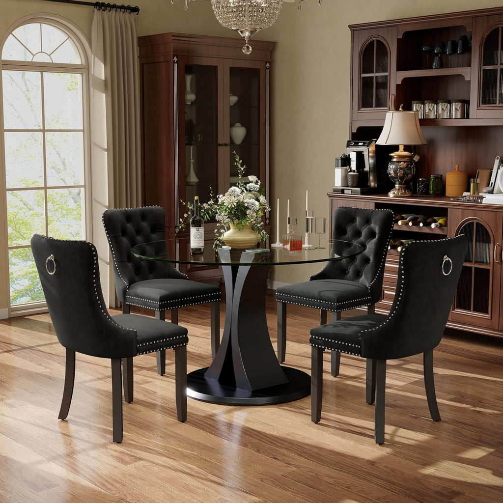 5-Piece Dining Table Set with 39In Tempered Glass Table and 4 Velvet Upholstered Chairs, Modern Scandinavian Furniture for Dining Room Kitchen(Black)