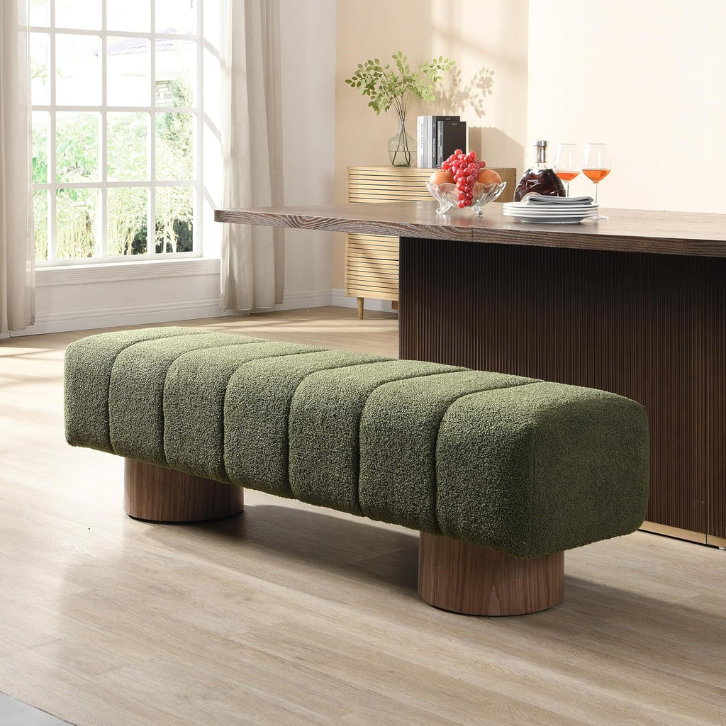 Christopher Knight Home Manila 64" Boucle Dining Bench, Upholstered Ottoman Bench, Rectangular Dining Seat, Spacious Seating, Long Footstool for Living Room Dining Room, No Assembly Needed, Green
