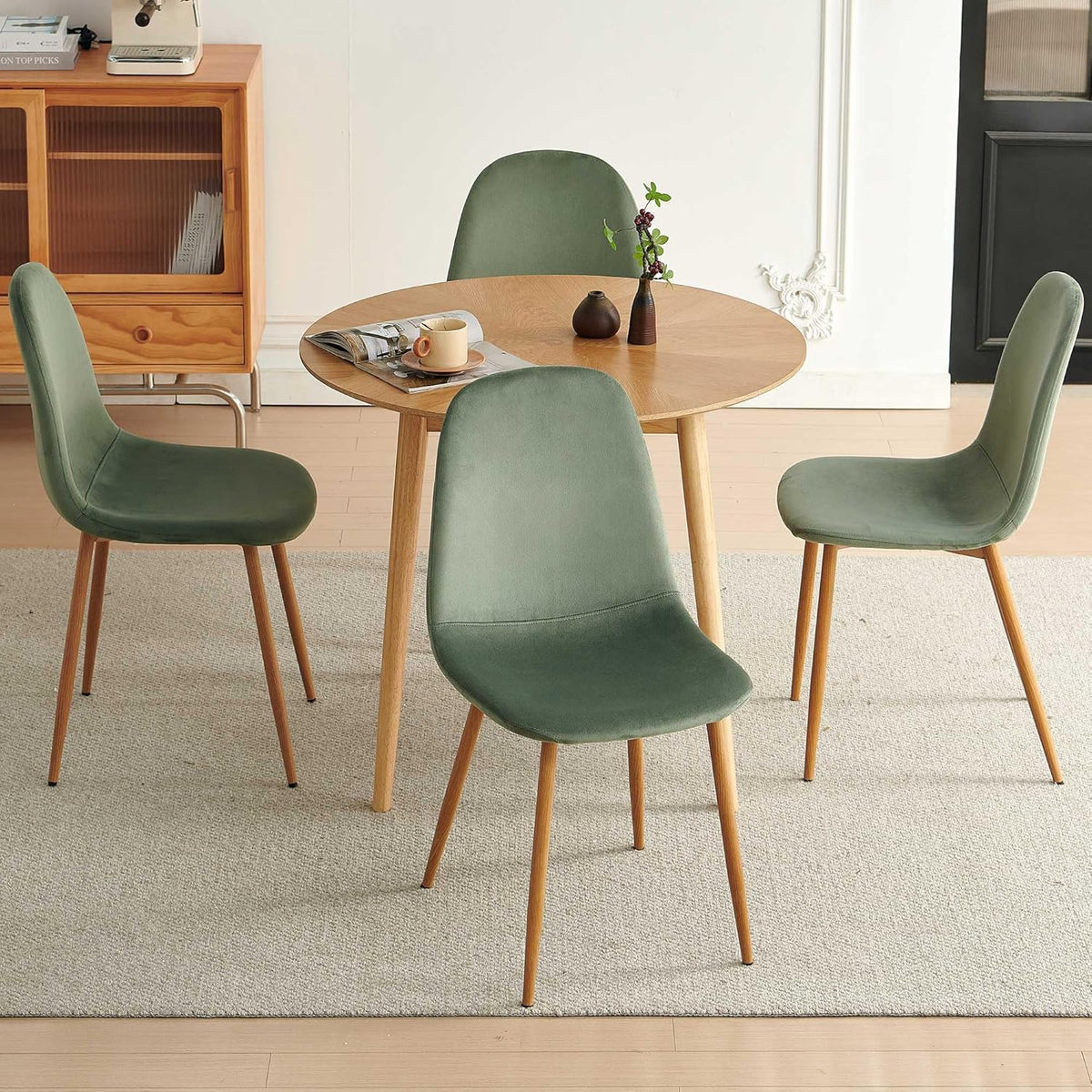 Small Oak Round Dining Table Set for 4, Modern 35'' Kitchen Coffee Table with 4 Green Velvet Dining Chairs for Dining Room Apartment