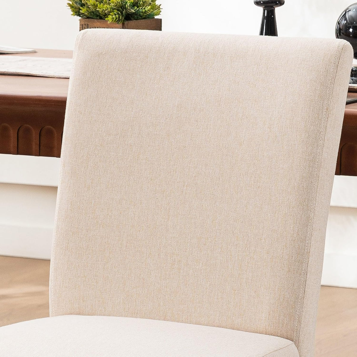 Rowill Modern Upholstered Dining Chairs Set of 2, Linen Fabric Side Dining Room Chair with Solid Wood Legs and Padded Seat for Home Kitchen/Restaurant, Beige
