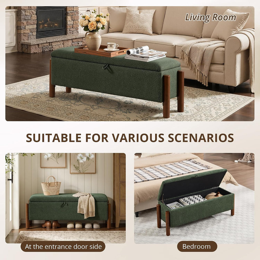 47'' Modern Storage Ottoman Benches with Walnut Wood Legs Ottoman Bench with 22 Gallons Storage Space Fabric Upholstered Seating End of Bed Bench for Bedroom for Livingroom Green