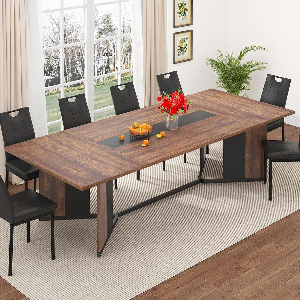 chartustriable Dining Table for 8-10 People,94" Large Modern Kitchen Table W/Built-in Table Runner Design,Brown&Black Industrial Rectangular Dinner Table,Waterproof Wood Table Sturdy Base,280lbs Load