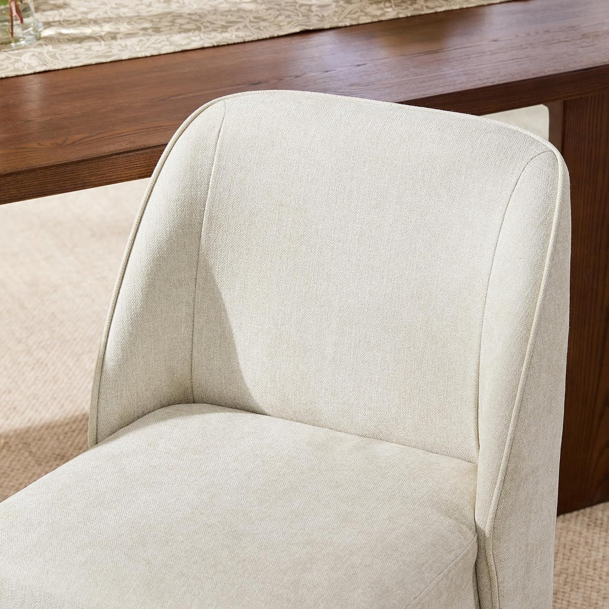 Watson & Whitely Upholstered Dining Chairs with Casters Set of 2, Armless Modern Rolling Dining Chairs with Removable Rollers, Fabric Dining Room Chairs for Bedroom, Living Room, Reading, Linen