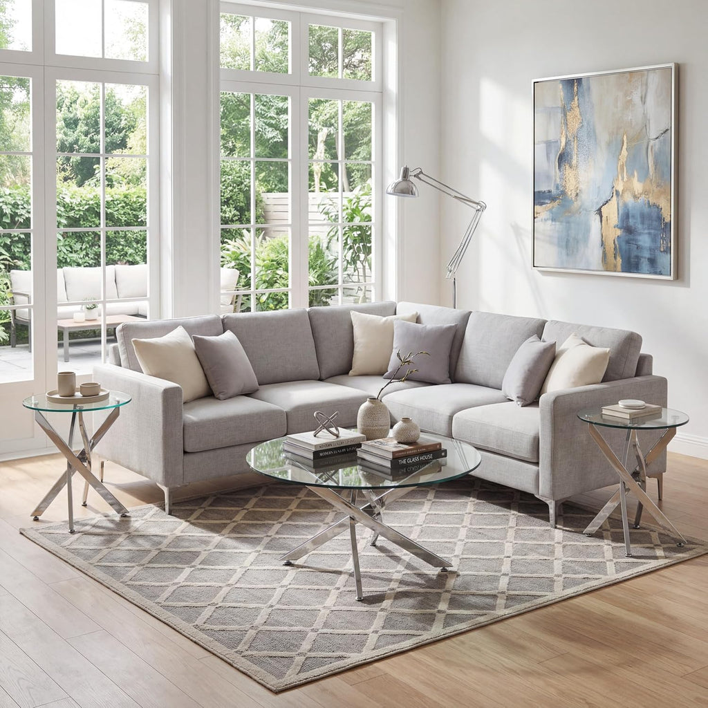 Round Glass Coffee Table Set 3-Piece, Silver Stainless Steel Frame | 35.4" Coffee Table + Two 23.6" End Tables Space-Saving Set for Living Room, Office, Reception
