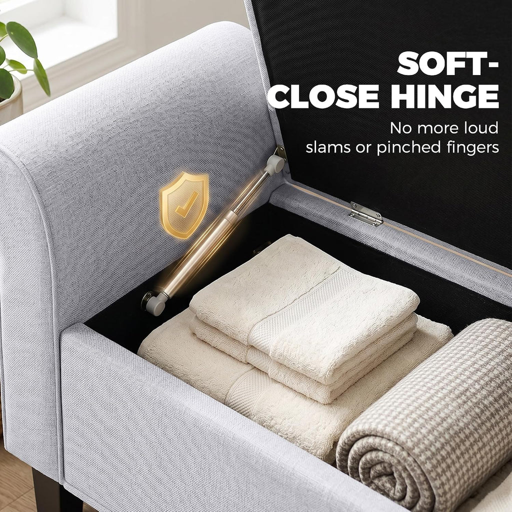 HOMCOM 47" Storage Ottoman Bench, Tufted Long Ottoman with Storage Chest, Rolled Arms, Safety Hinge, Wooden Legs, Upholstered End of Bed Bench, 528 lbs for Bedroom, Entryway, Living Room, Light Gray
