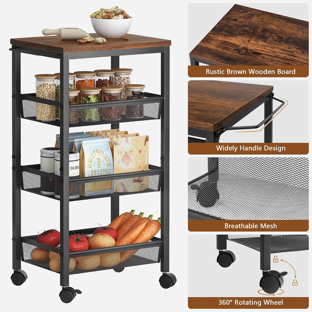Hoctieon Rolling Storage Cart, 4-Tier 11.8" Wide Panel Kitchen Storage Cart, Utility Carts with Handle & Wheels, Mobile Shelving Unit, Metal Frame Narrow Carts for Home Kitchen, Laundry, Rustic Brown