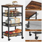Hoctieon Rolling Storage Cart, 4-Tier 11.8" Wide Panel Kitchen Storage Cart, Utility Carts with Handle & Wheels, Mobile Shelving Unit, Metal Frame Narrow Carts for Home Kitchen, Laundry, Rustic Brown